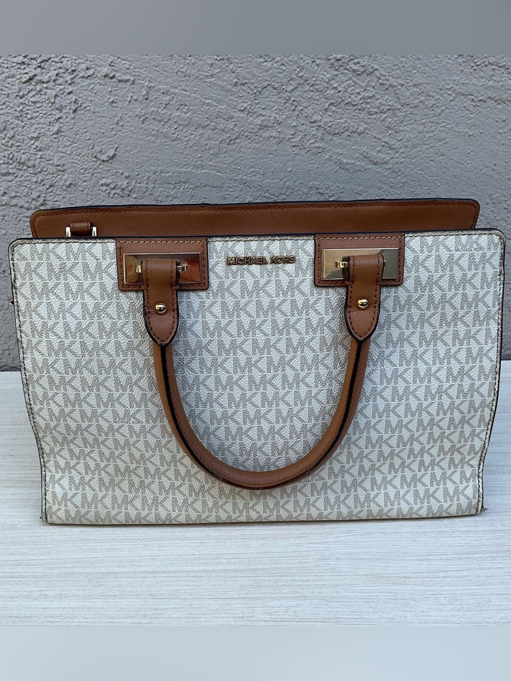 Michael Kors Beige Monogram Tote with Brown Trim